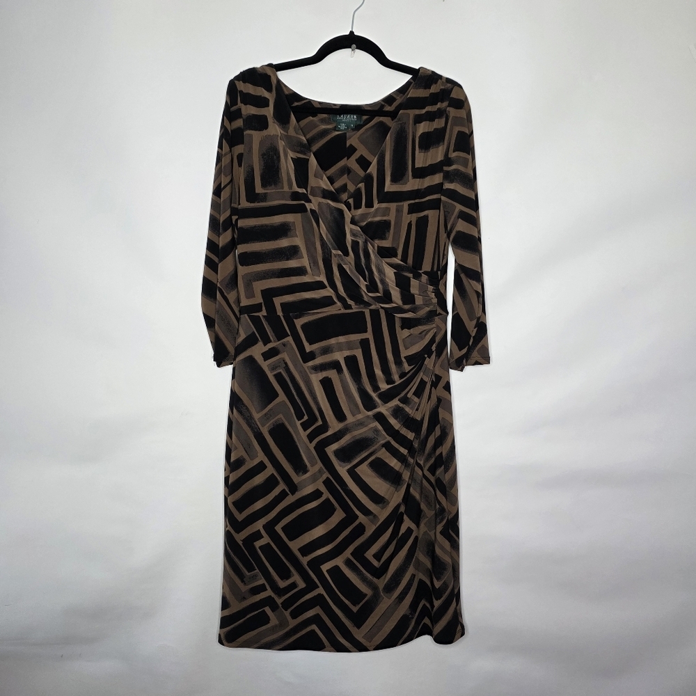 Lauren Ralph Lauren Faux Wrap Dress Size 14 Geo Print V-neck Stretch Chic Office - Picture 12 of 12